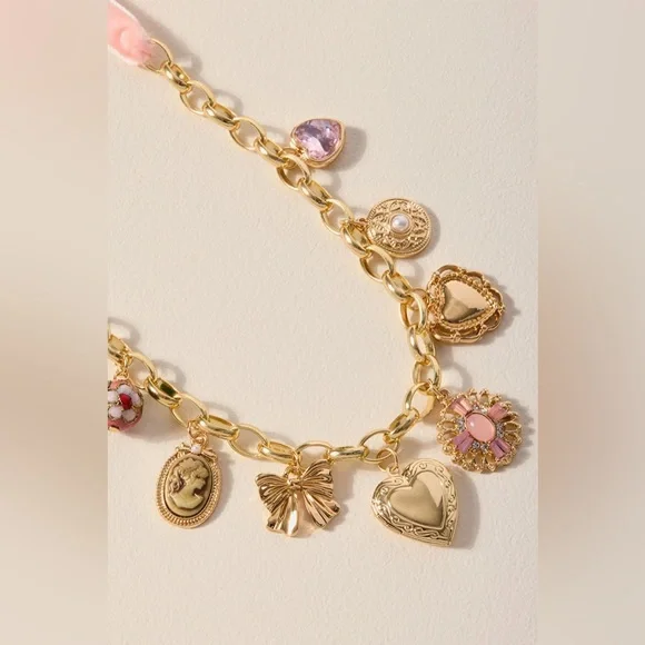 Francesca's Pink Ribbon Gold Charm Necklace - Picture 2 of 5